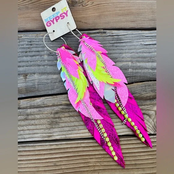 Keep It Gypsy Long Feather Earrings – Neon Pink & Yellow Western Boho Cowgirl - Picture 6 of 7